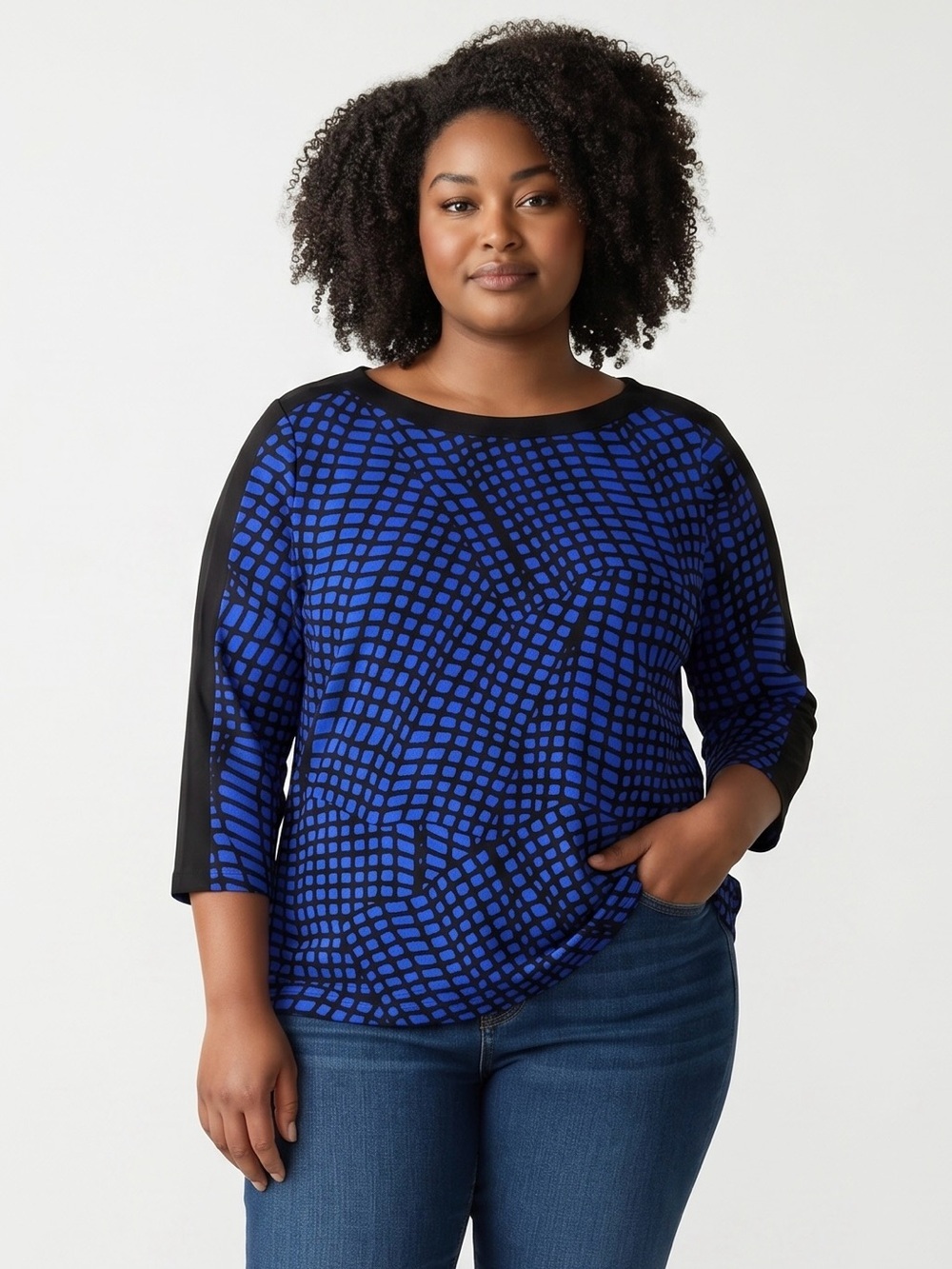Susan Graver Blue Geometric Print 3/4 Sleeve Top Size XL